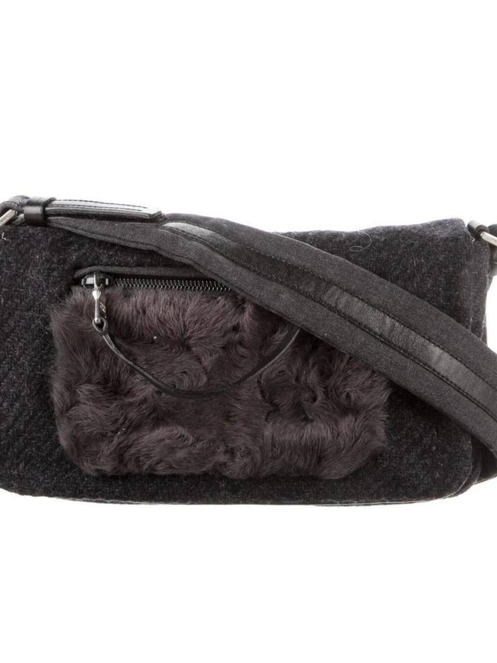 Prada Grey Fur Accent Crossbody Bag with Front Pocket